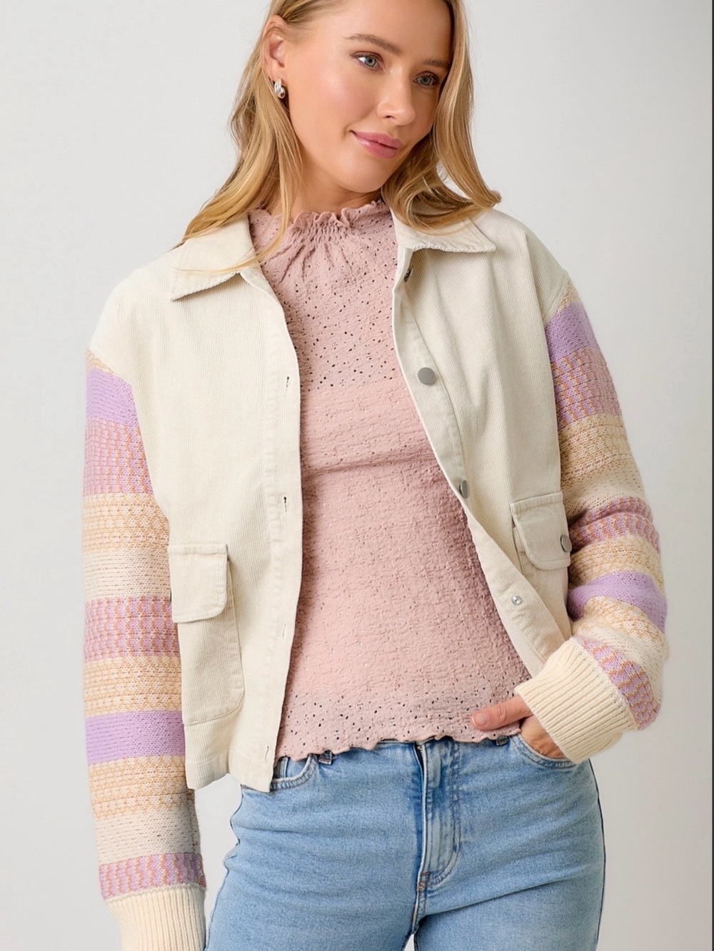 Mystree Knit Sleeve Corduroy Jacket Cream with Pastel Stripe Sleeves - NWT